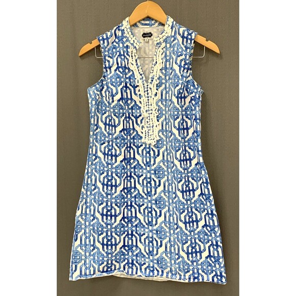 Mud Pie Dresses & Skirts - Mud Pie Kate Cotton Crochet Shift Dress Sz S Blue White Painterly Lattice Resort